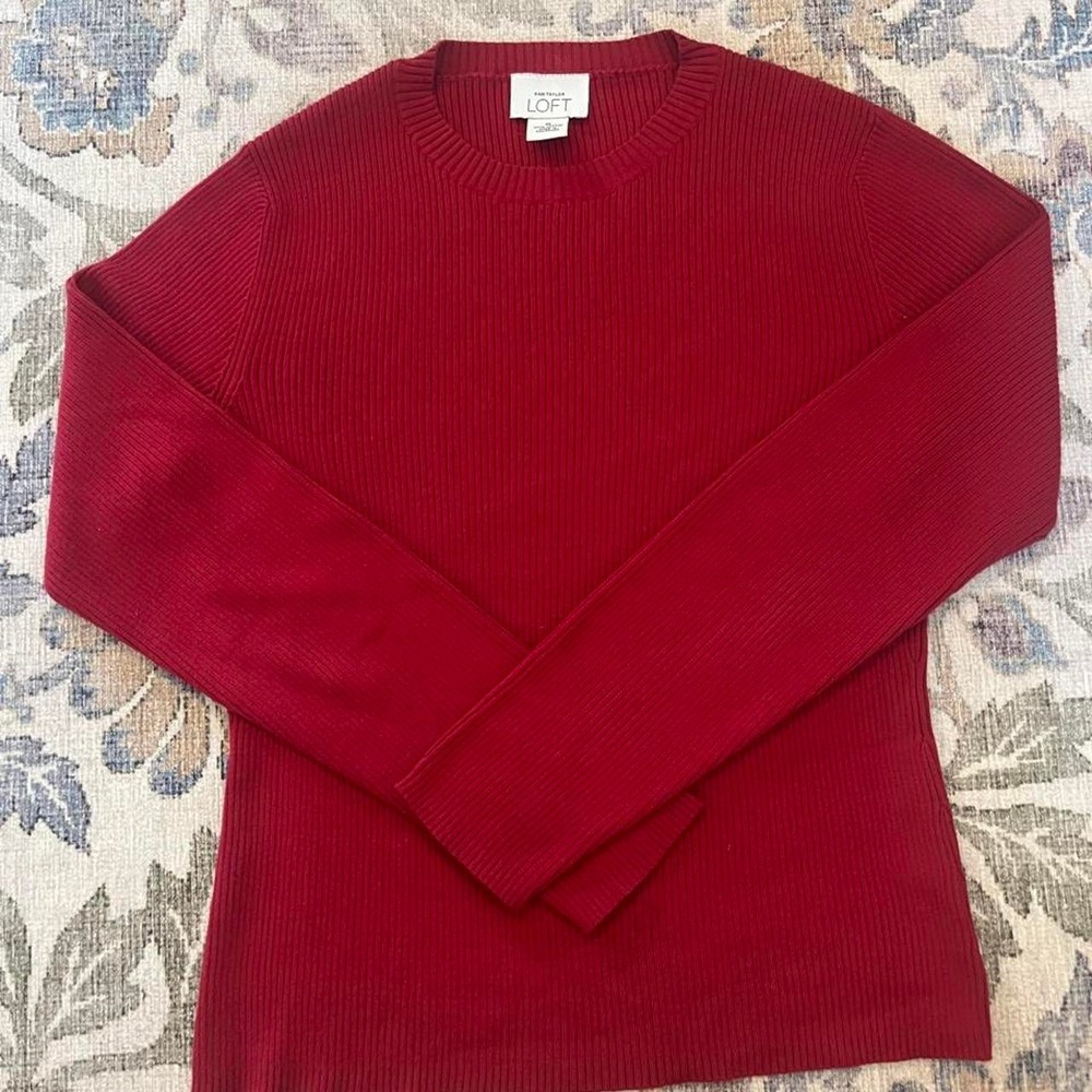 Ann Taylor Loft Ribbed Sweater Womens M Red Cotton Crew Neck Long Sleeve